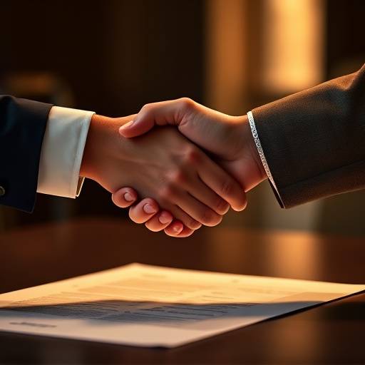 Deux personnes se serrant la main sur un document contractuel, symbolisant un accord.