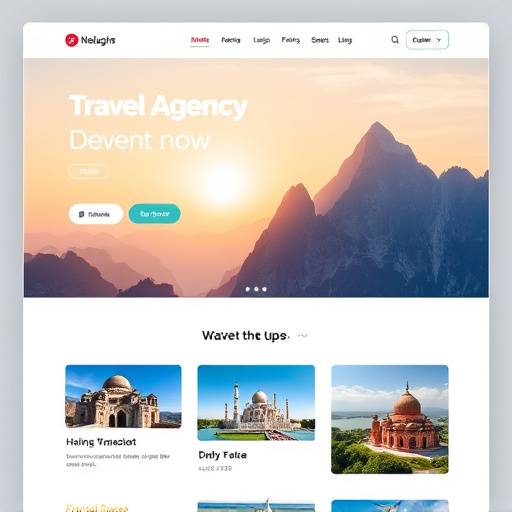 Maquette du site web d'une agence de voyage, présentant une interface utilisateur moderne et intuitive avec des visuels attrayants de destinations de voyage.