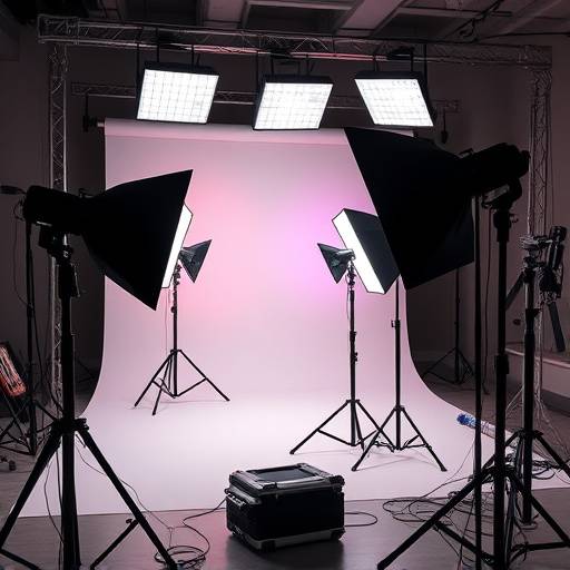 Un photographe professionnel prenant une photo en studio avec des lumières et des réflecteurs.