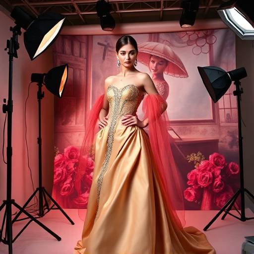 Une photo de mode en studio, mettant en scène une mannequin portant une robe de haute couture, avec un éclairage professionnel et un fond artistique.
